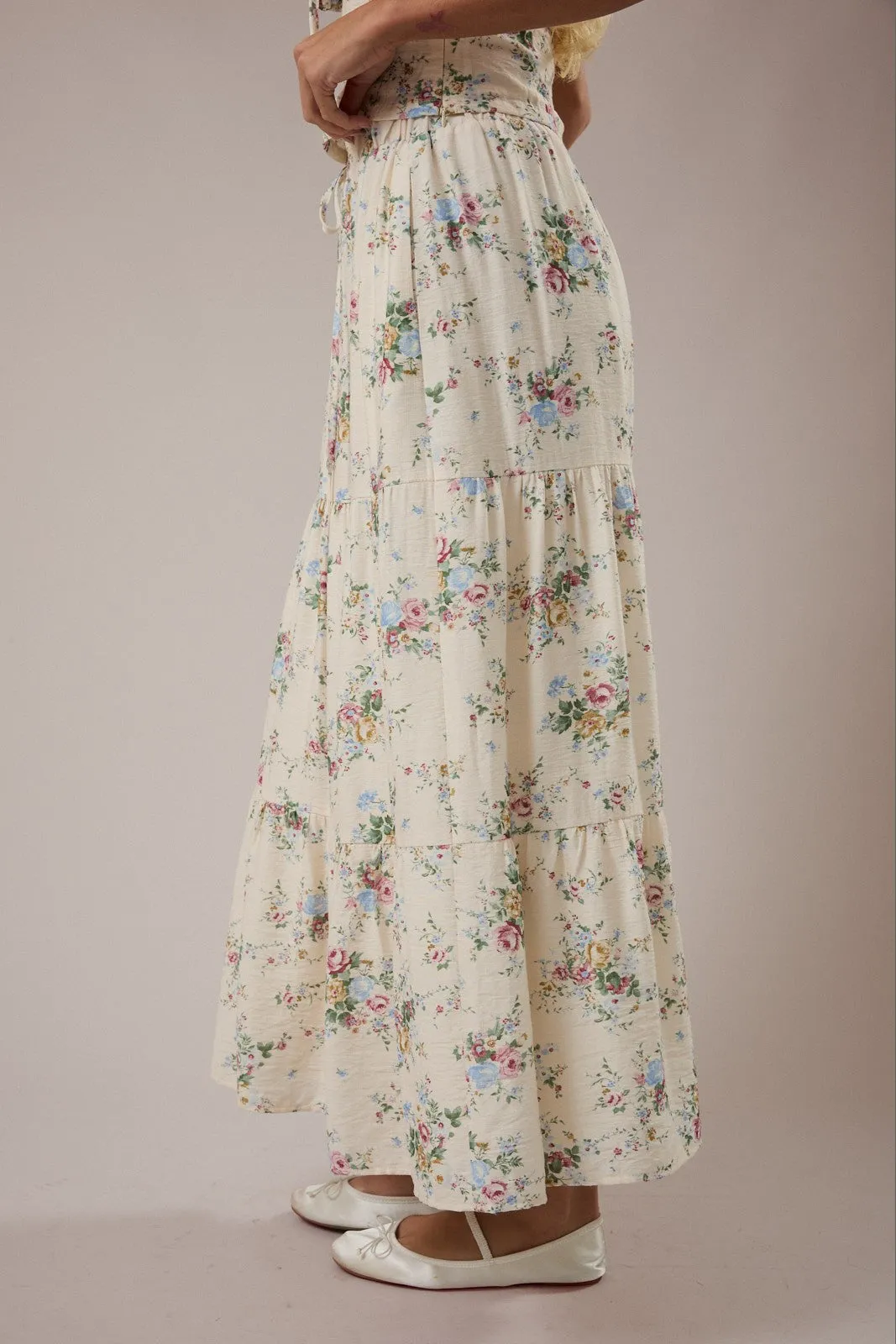 Manny Tiered Floral Midi Skirt, Cream Multi Floral sold by North & Main Clothing Company product image thumbnail 2