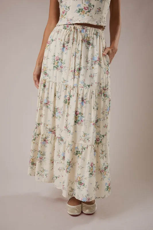 Manny Tiered Floral Midi Skirt, Cream Multi Floral sold by North & Main Clothing Company
