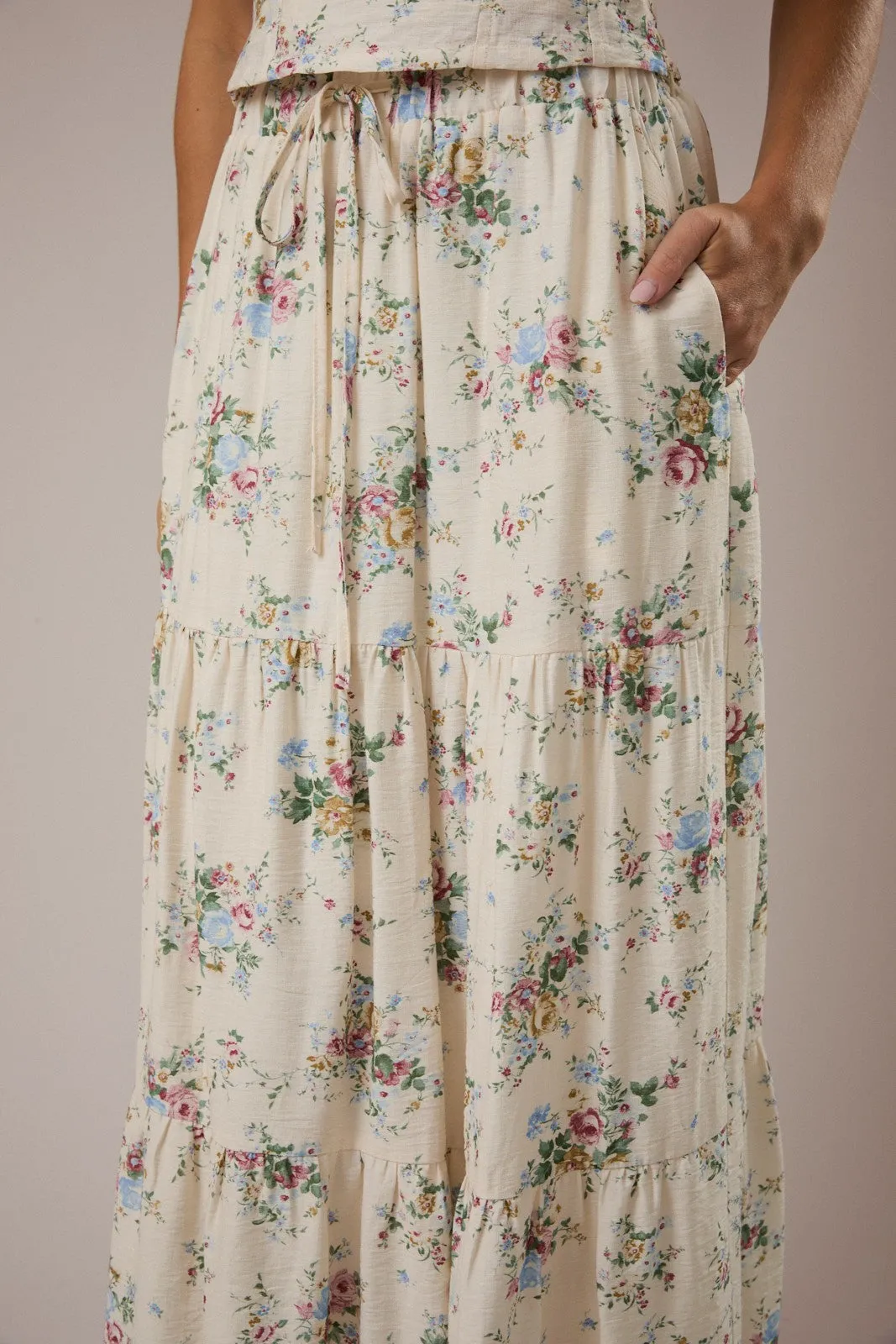 Manny Tiered Floral Midi Skirt, Cream Multi Floral sold by North & Main Clothing Company product image thumbnail 3