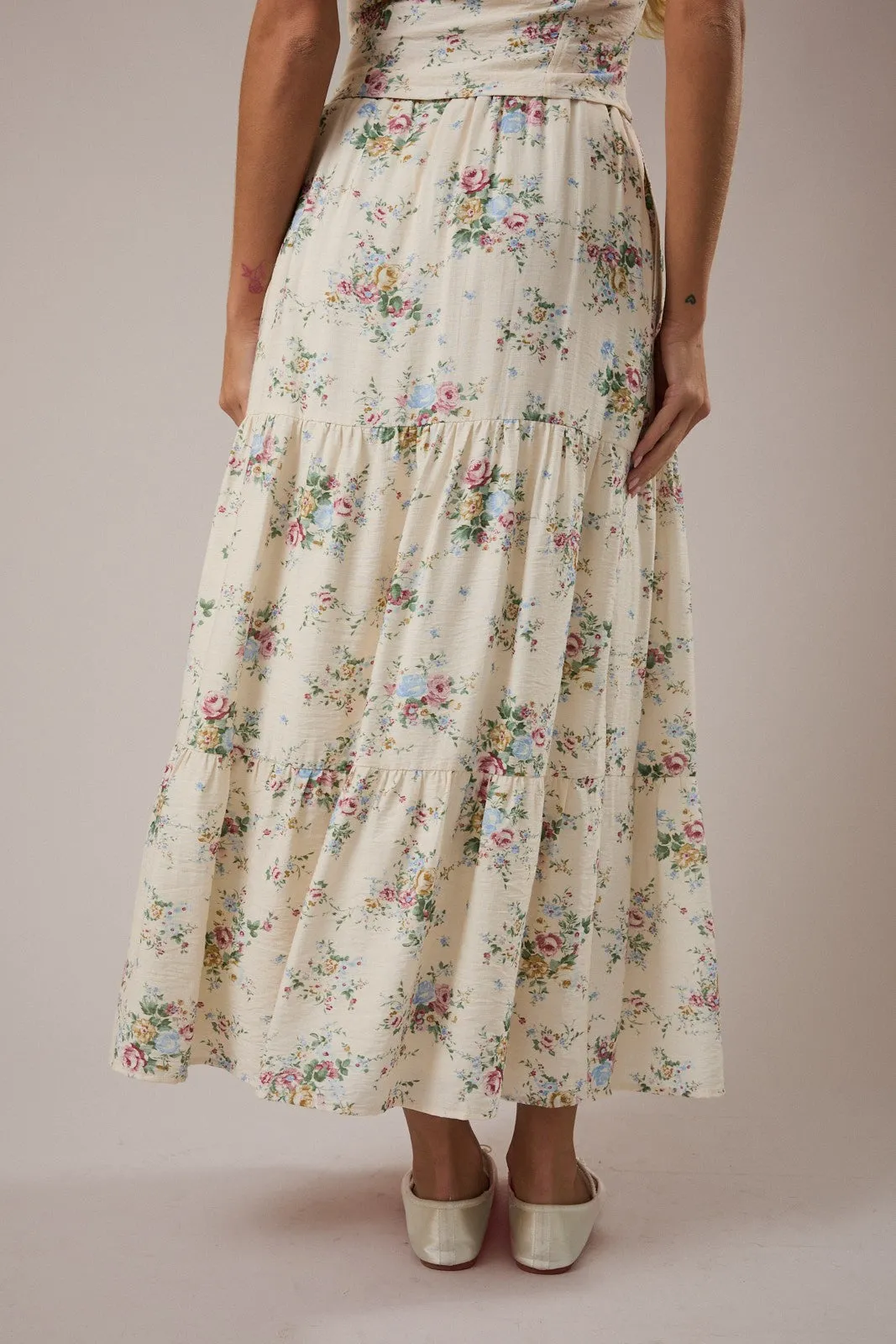 Manny Tiered Floral Midi Skirt, Cream Multi Floral sold by North & Main Clothing Company product image thumbnail 5