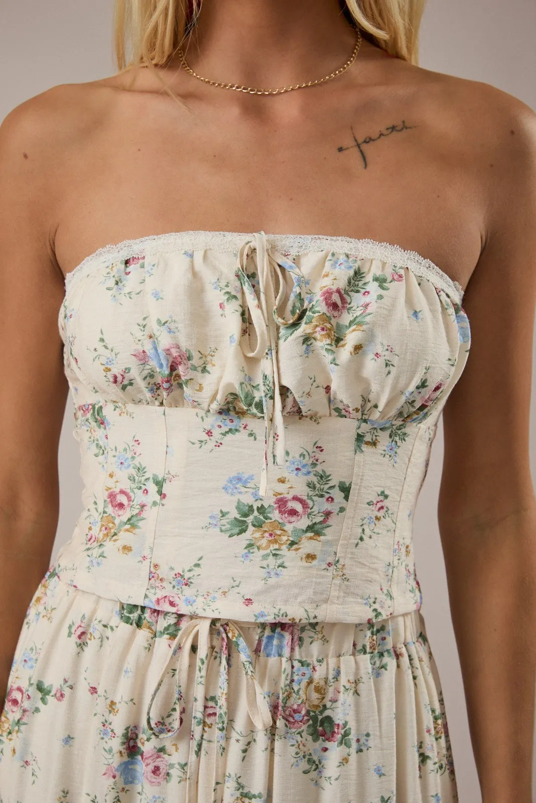 Manny Strapless Lace Trim Top, Cream Multi Floral sold by North & Main Clothing Company product image thumbnail 2