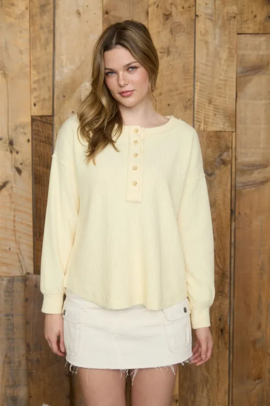 Rowan Ribbed Henley Long Sleeve Top, Butter Yellow sold by North & Main Clothing Company