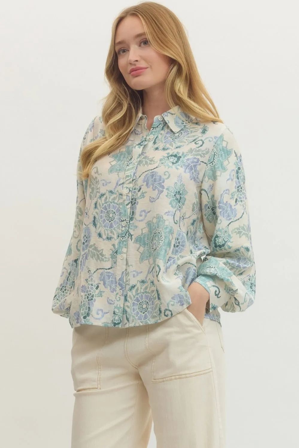 Wren Printed Button Down Top, Blue sold by North & Main Clothing Company