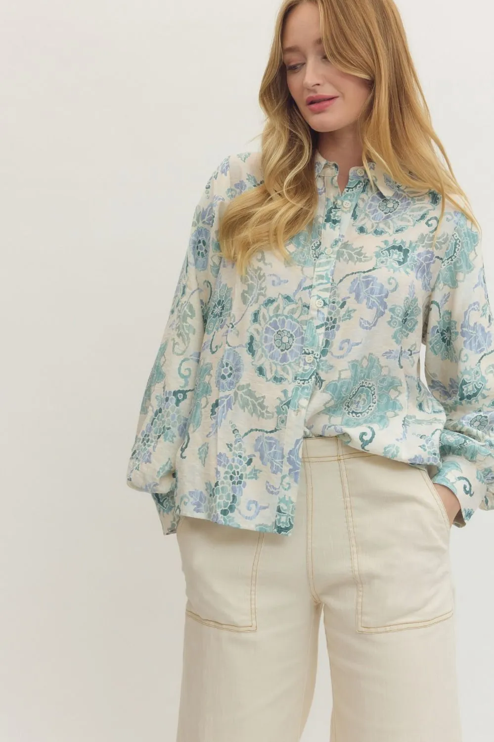 Wren Printed Button Down Top, Blue sold by North & Main Clothing Company product image thumbnail 3