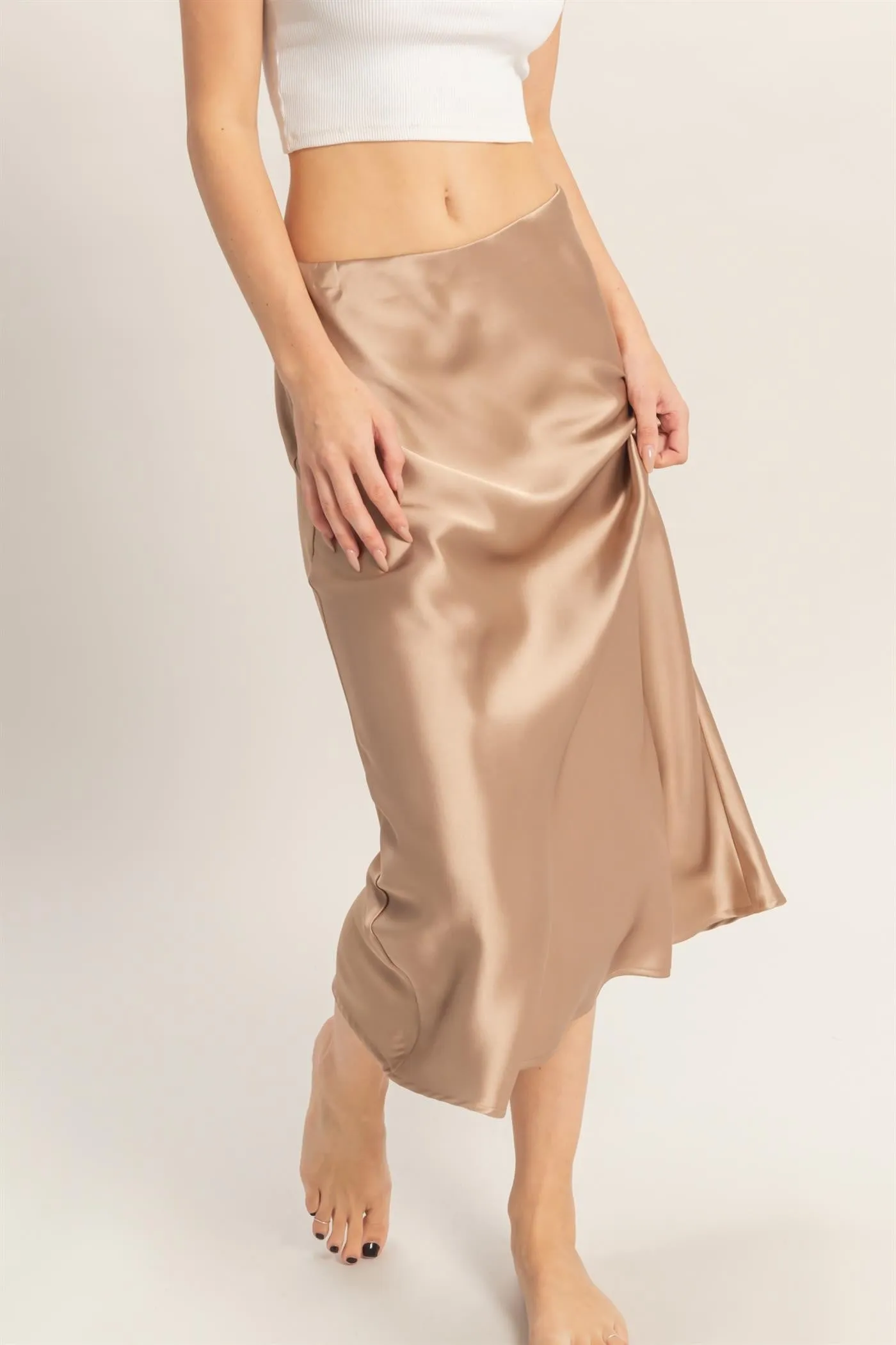 Sophie Satin Midi Skirt, Dark Taupe sold by North & Main Clothing Company