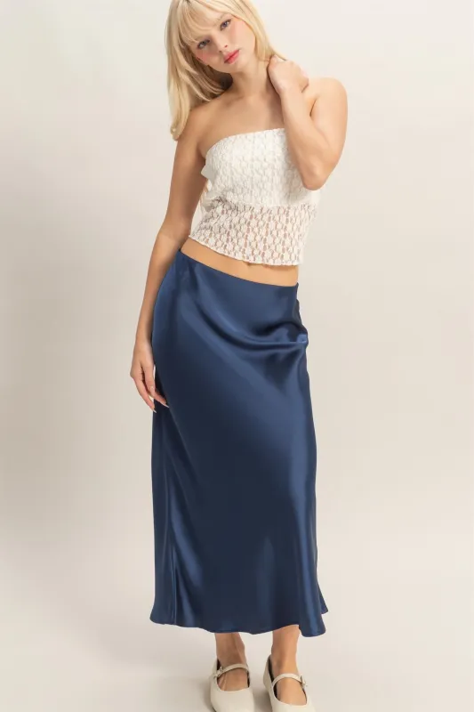 Sophie Satin Midi Skirt, Navy sold by North & Main Clothing Company