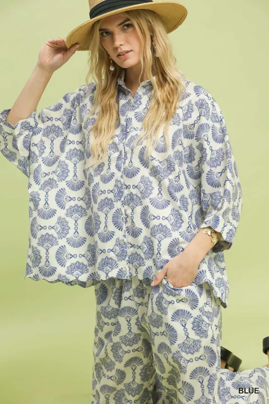 Sophia Scallop Hem Button Down Top, Blue sold by North & Main Clothing Company