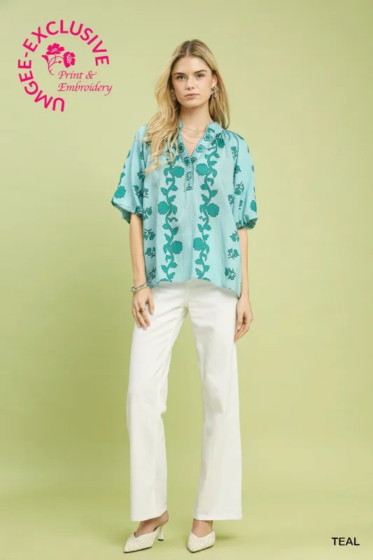 Nova Bubble Sleeve Printed Top, Teal sold by North & Main Clothing Company