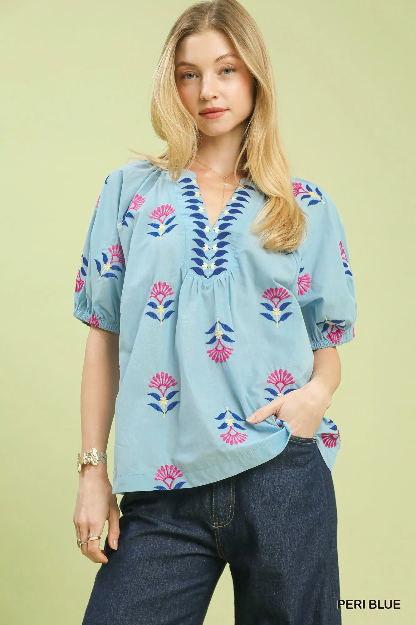 Emi Embroidered VNeck Top, Peri Blue sold by North & Main Clothing Company