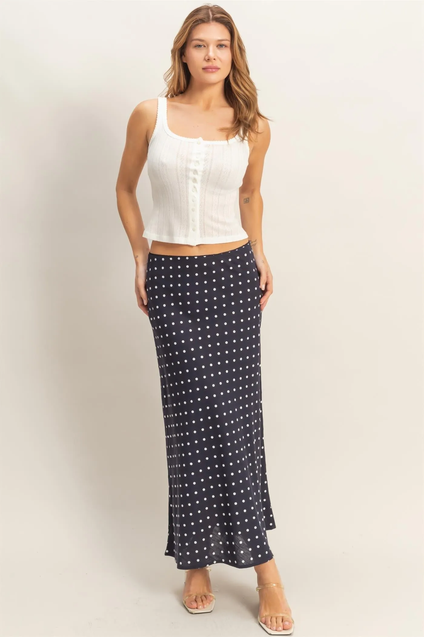 Alice Polka Dot Skirt,Navy sold by North & Main Clothing Company