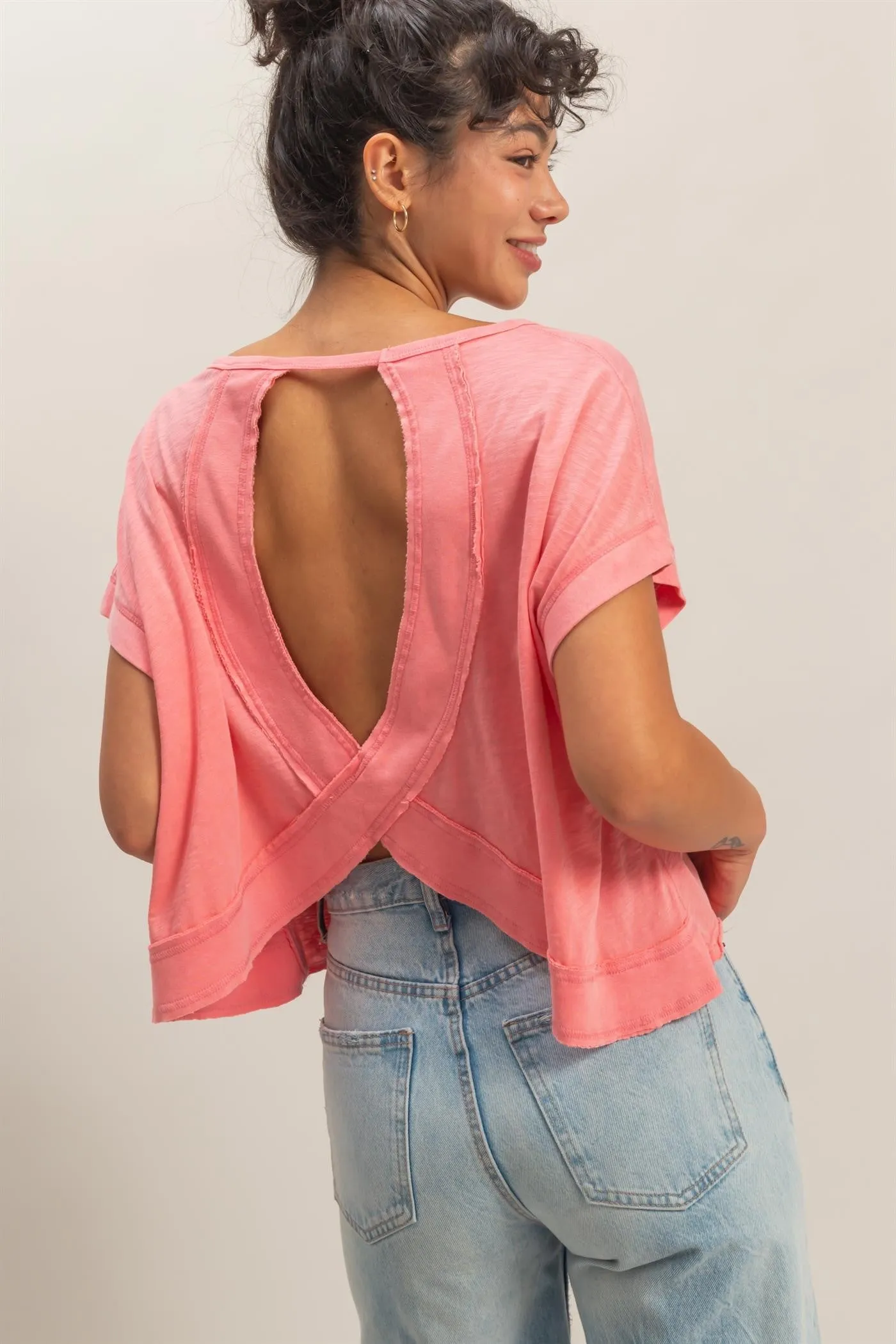 Parker Acid Washed Open Back Top, Taffy Pink sold by North & Main Clothing Company