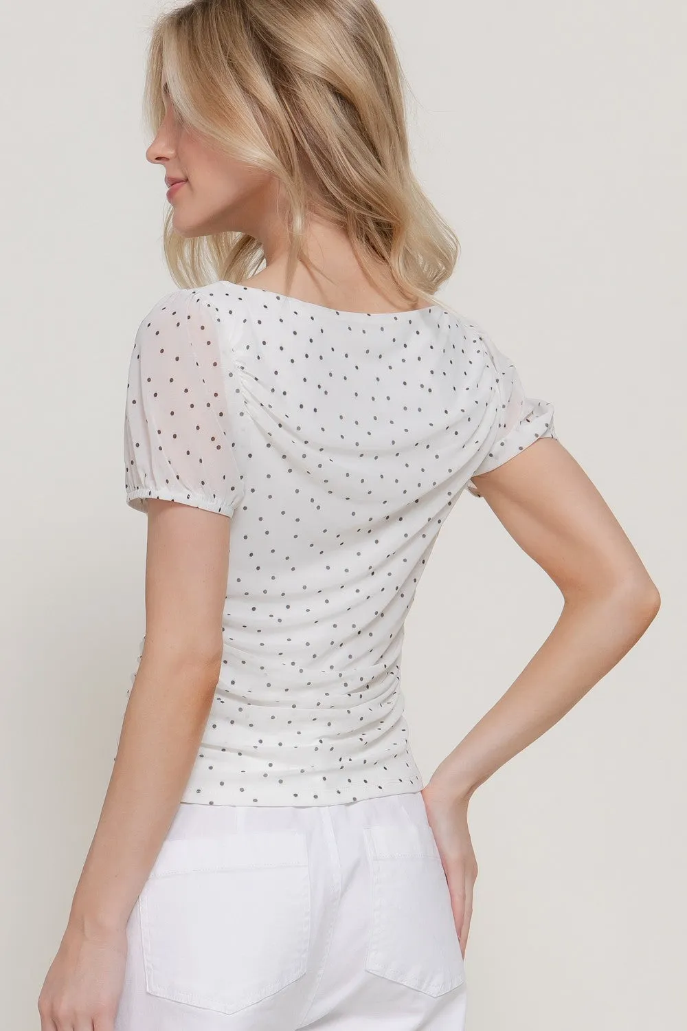 Melody Dot Print Mesh Top, White/Black sold by North & Main Clothing Company product image thumbnail 4