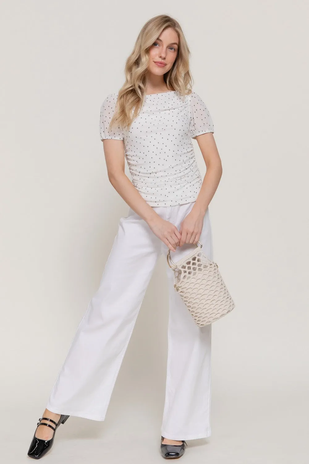 Melody Dot Print Mesh Top, White/Black sold by North & Main Clothing Company