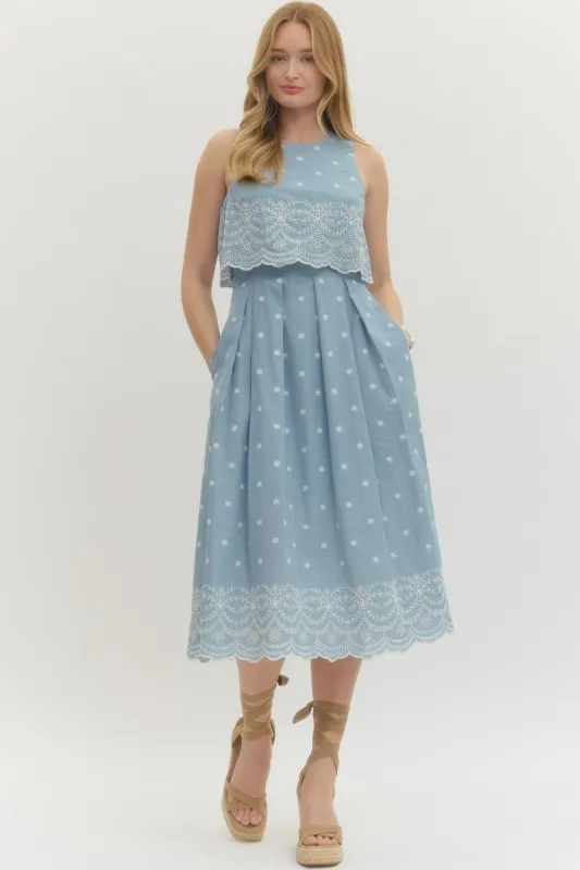 April Embroidered Midi Dress, Light Blue made by entro