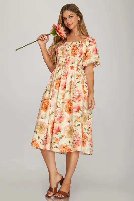 Demi Smocked Floral Midi Dress, Rose sold by North & Main Clothing Company