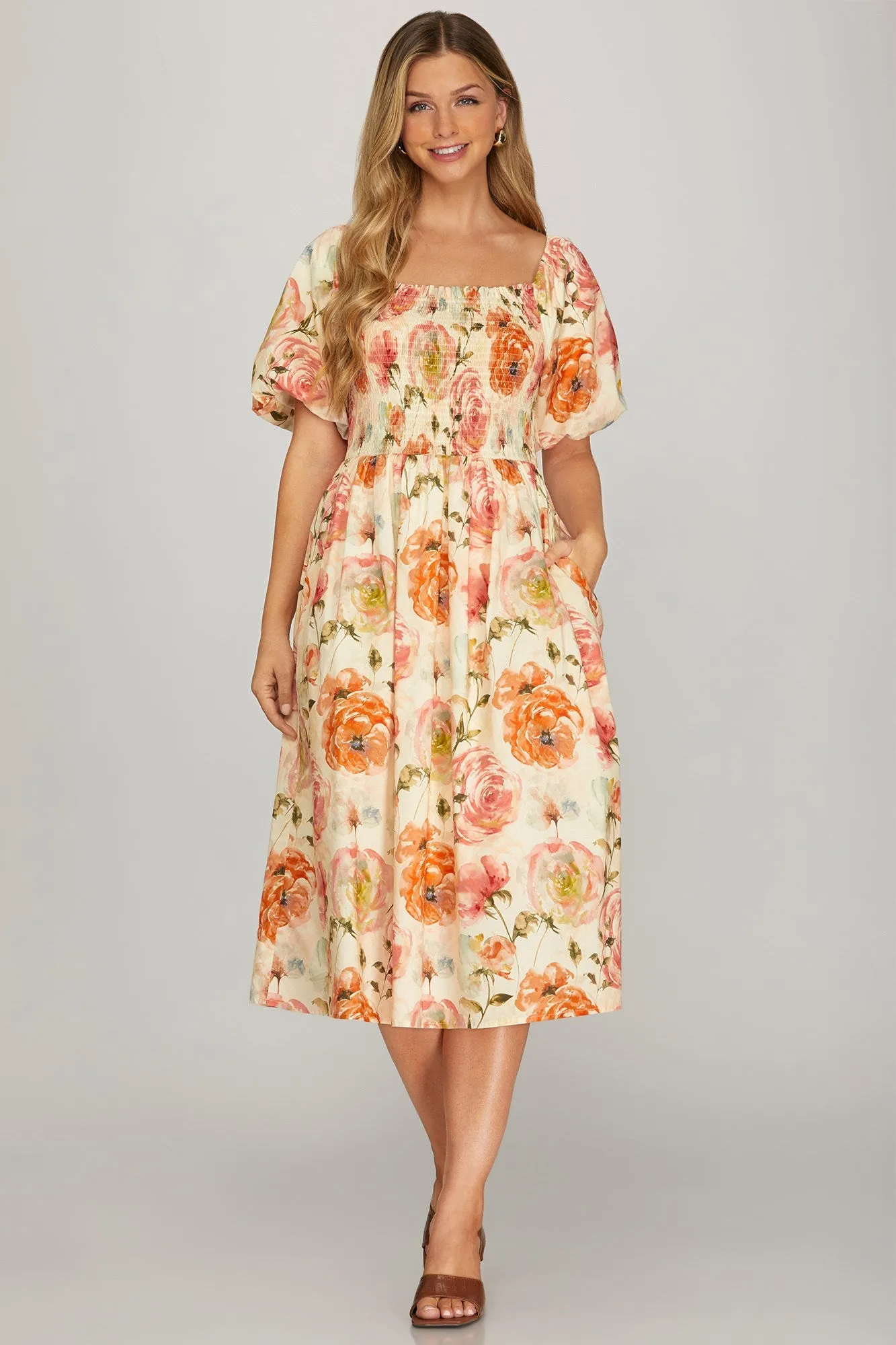 Demi Smocked Floral Midi Dress, Rose sold by North & Main Clothing Company product image thumbnail 2