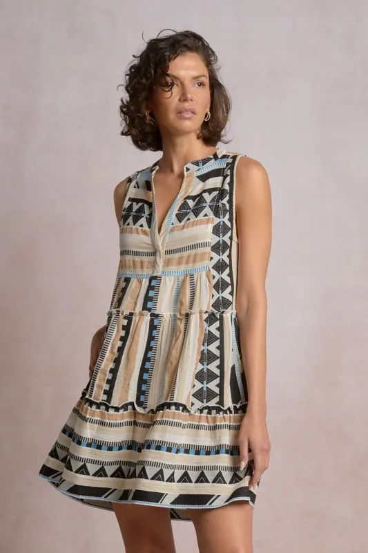 Maggie Tiered Dress, Neutral Aztec | Elan sold by North & Main Clothing Company