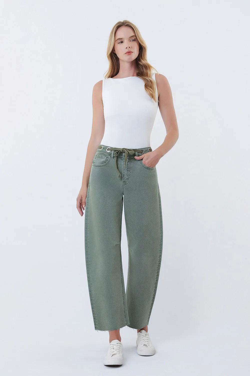 Kate Super High Rise Wide Barrel Jeans, Olive sold by North & Main Clothing Company