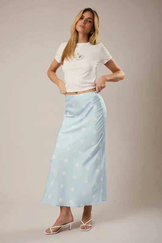 Zoey Satin Polka Dot Midi Skirt, Light Blue/White made by North & Main Clothing Company