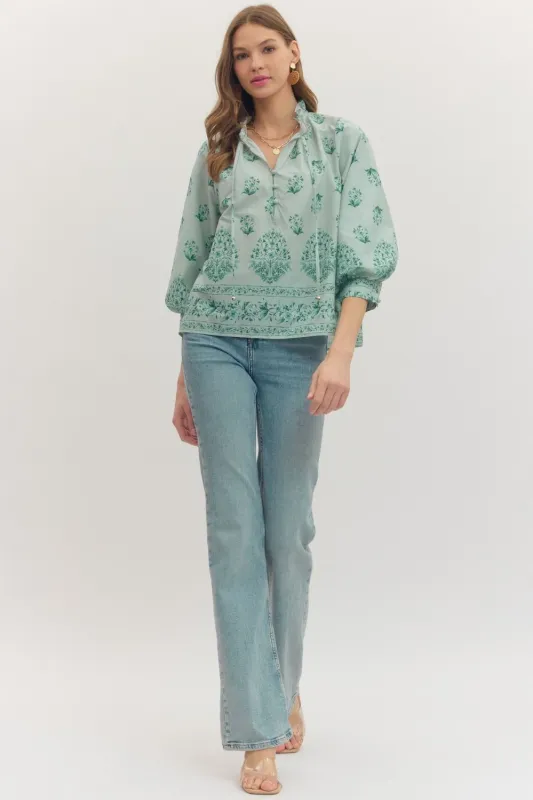 Chloe Printed Ruffle Top, Dusty Blue made by North & Main Clothing Company