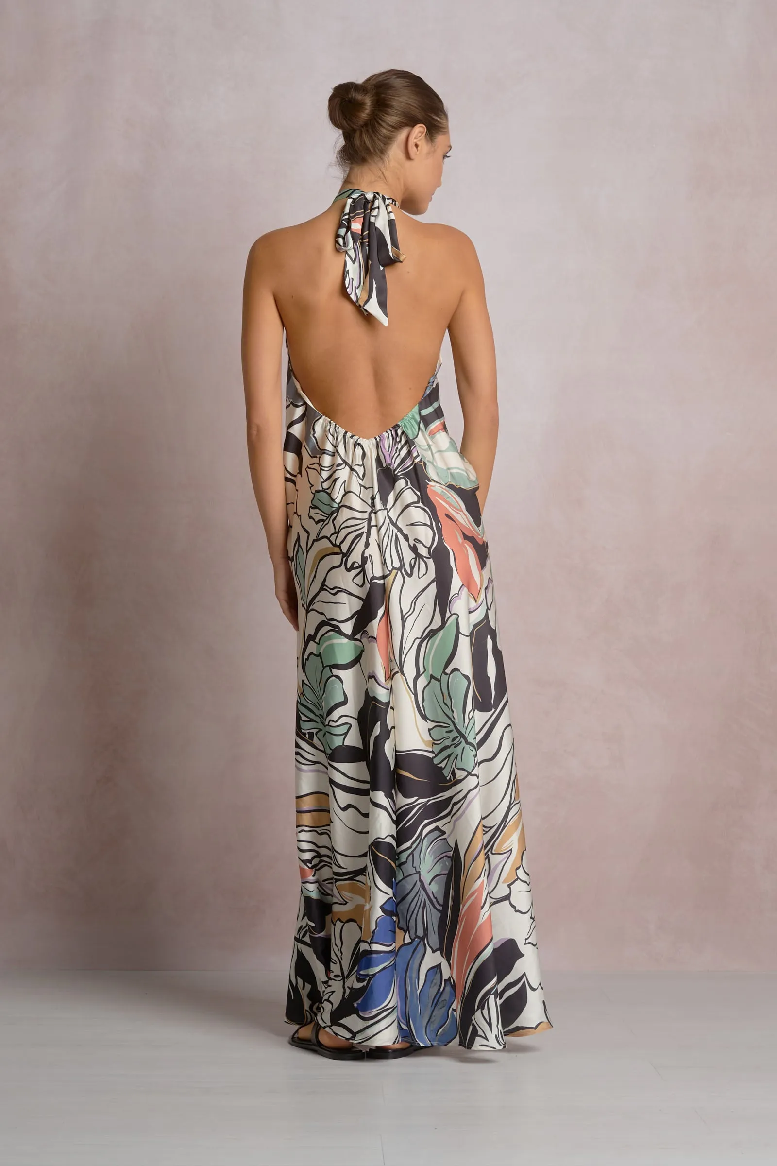 Tropical Print Satin Maxi Dress, Blue Botanical | Elan sold by North & Main Clothing Company product image thumbnail 2