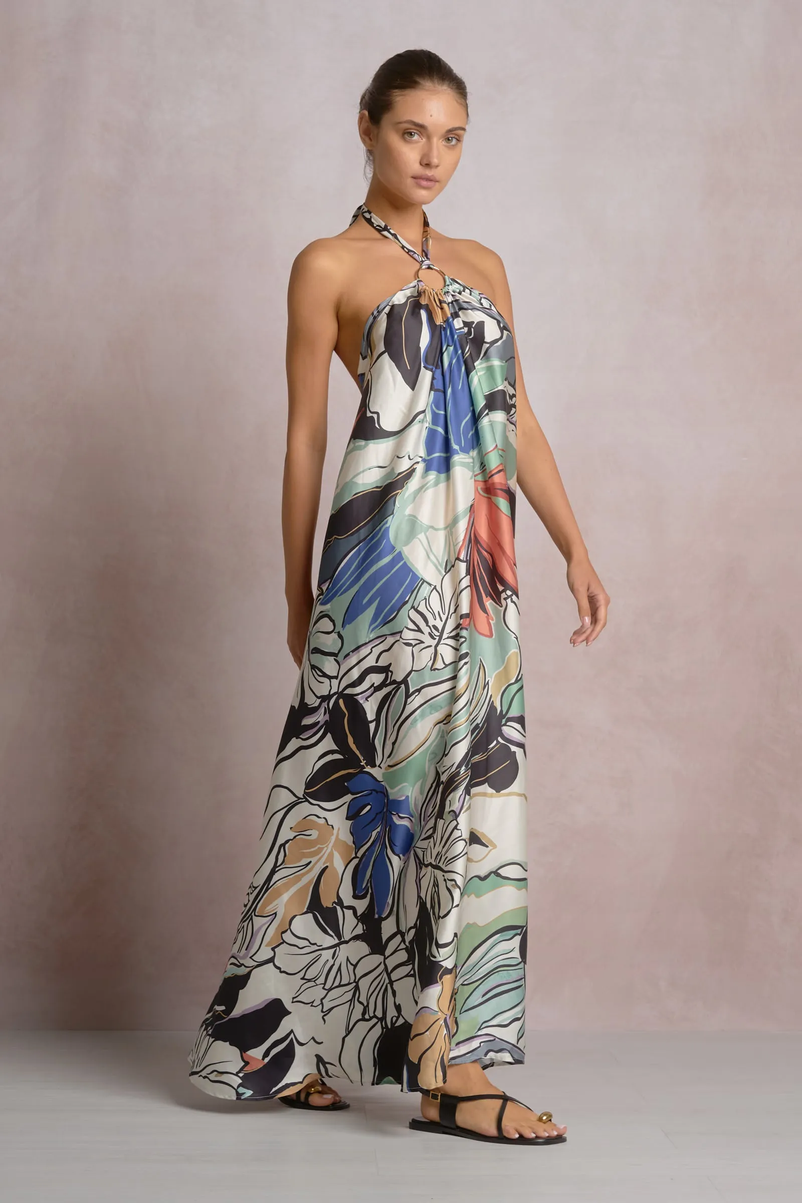 Tropical Print Satin Maxi Dress, Blue Botanical | Elan sold by North & Main Clothing Company product image thumbnail 3