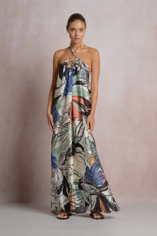 Tropical Print Satin Maxi Dress, Blue Botanical | Elan made by Elan