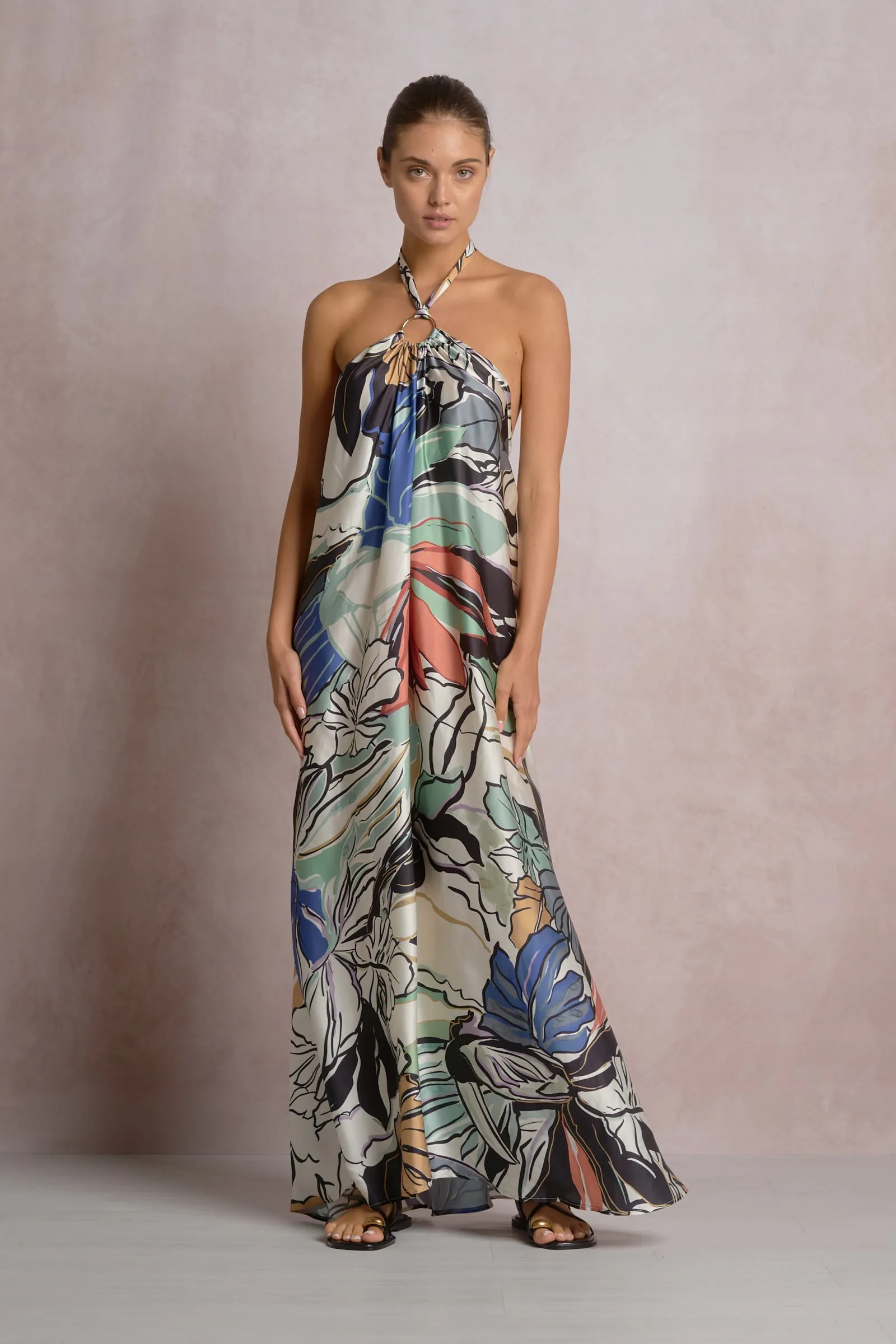 Tropical Print Satin Maxi Dress, Blue Botanical | Elan sold by North & Main Clothing Company