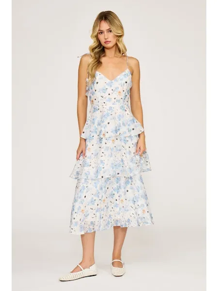 Maizie Tiered Dress, White Blue | Lucy Paris sold by North & Main Clothing Company