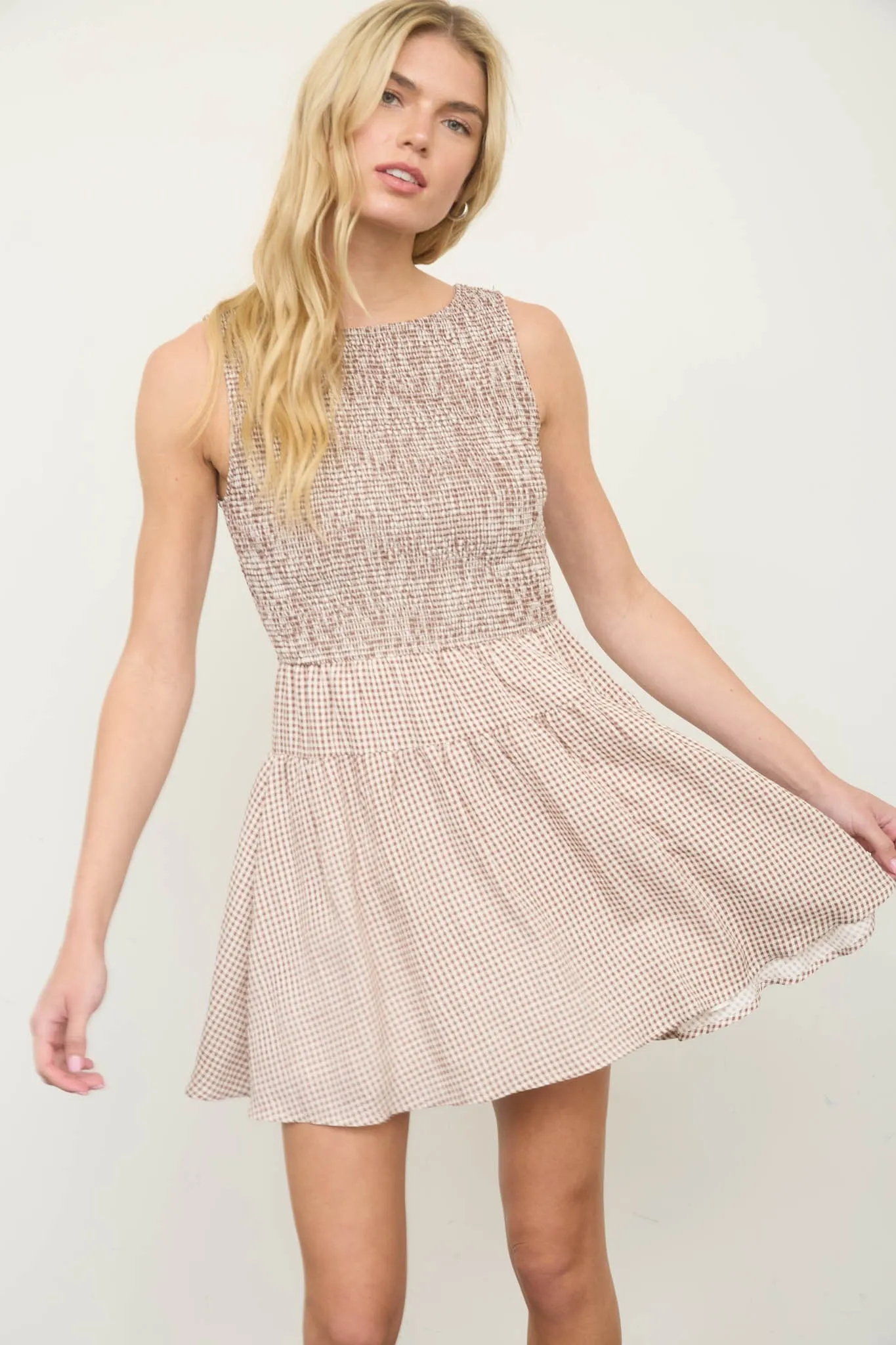 Gingham Mini Dress, Brown sold by North & Main Clothing Company