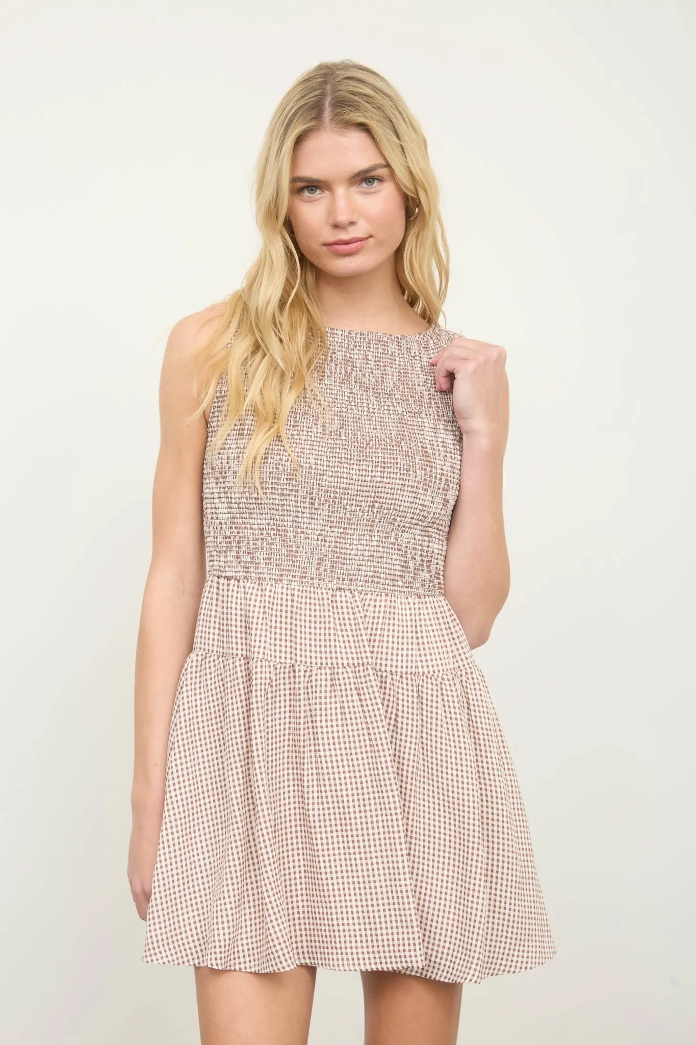 Gingham Mini Dress, Brown sold by North & Main Clothing Company product image thumbnail 3