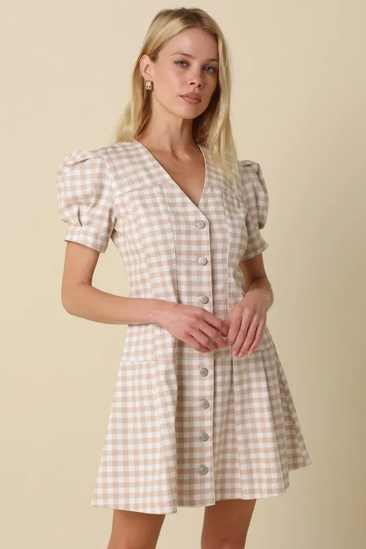 Marina Gingham Mini Dress, Khaki White made by Olivaceous