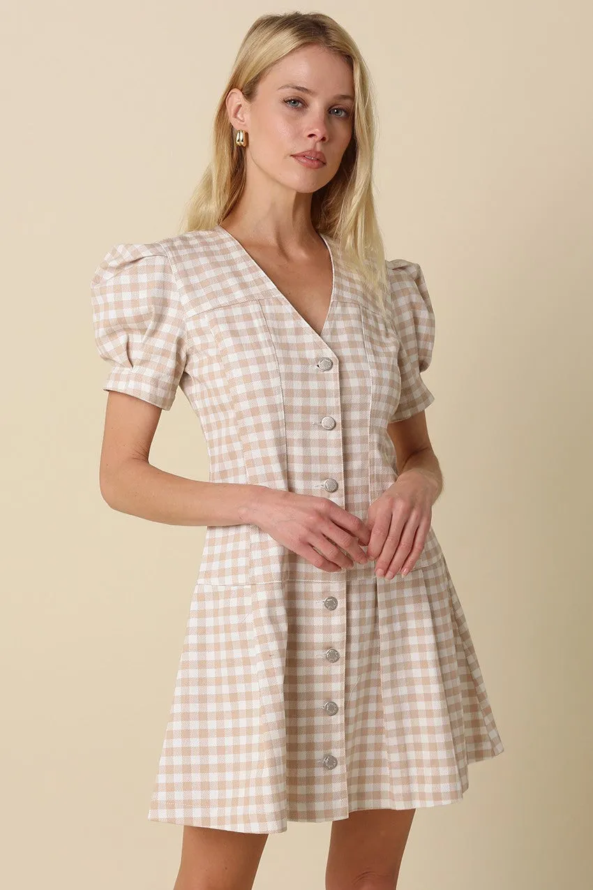 Marina Gingham Mini Dress, Khaki White sold by North & Main Clothing Company
