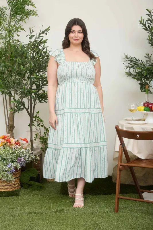 Lizzie Tiered Midi Dress, Sage Multi | Plus Size made by Blu Pepper