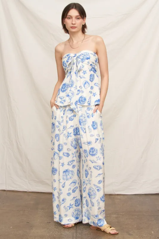 Seashell Print Wide Leg Flowy Pants, White/Blue made by En Creme