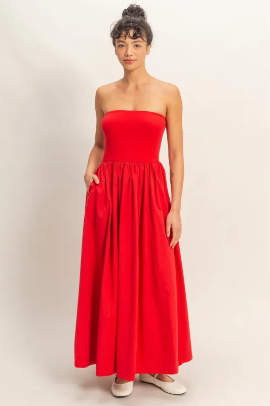 Luna Strapless Midi Dress, Red made by HYFVE