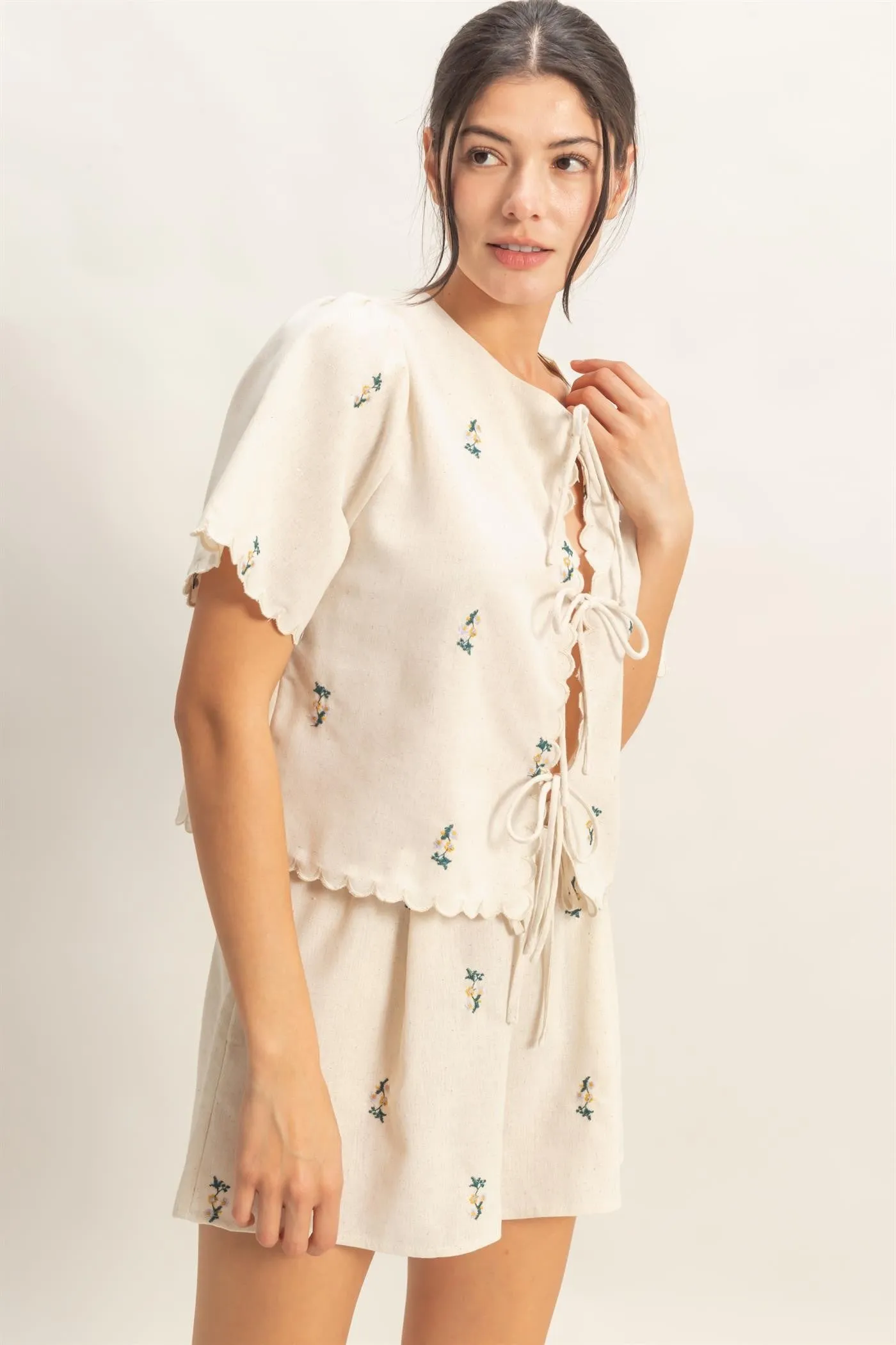 Sally Scalloped Embroidered Top, Oatmeal/Green sold by North & Main Clothing Company product image thumbnail 3