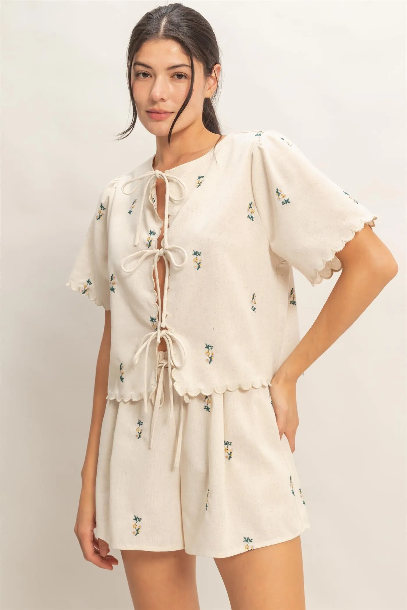 Sally Scalloped Embroidered Top, Oatmeal/Green sold by North & Main Clothing Company