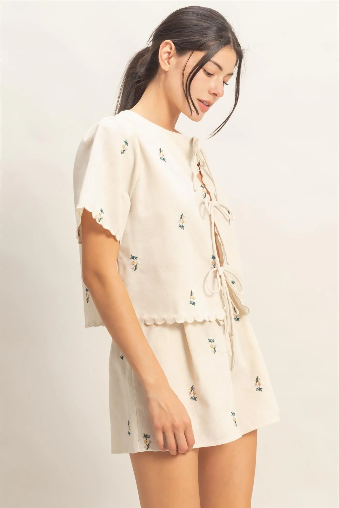 Sally Scalloped Embroidered Top, Oatmeal/Green sold by North & Main Clothing Company product image thumbnail 2