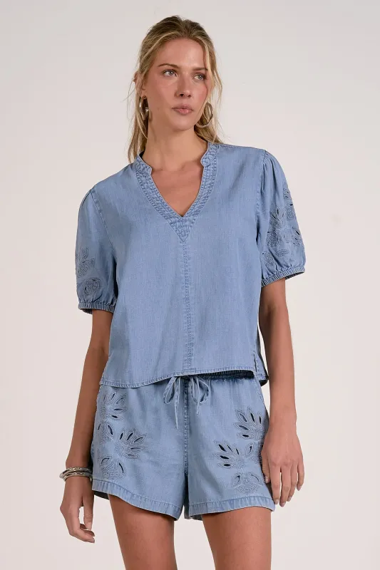 Split neck Top, Denim | Elan made by Elan
