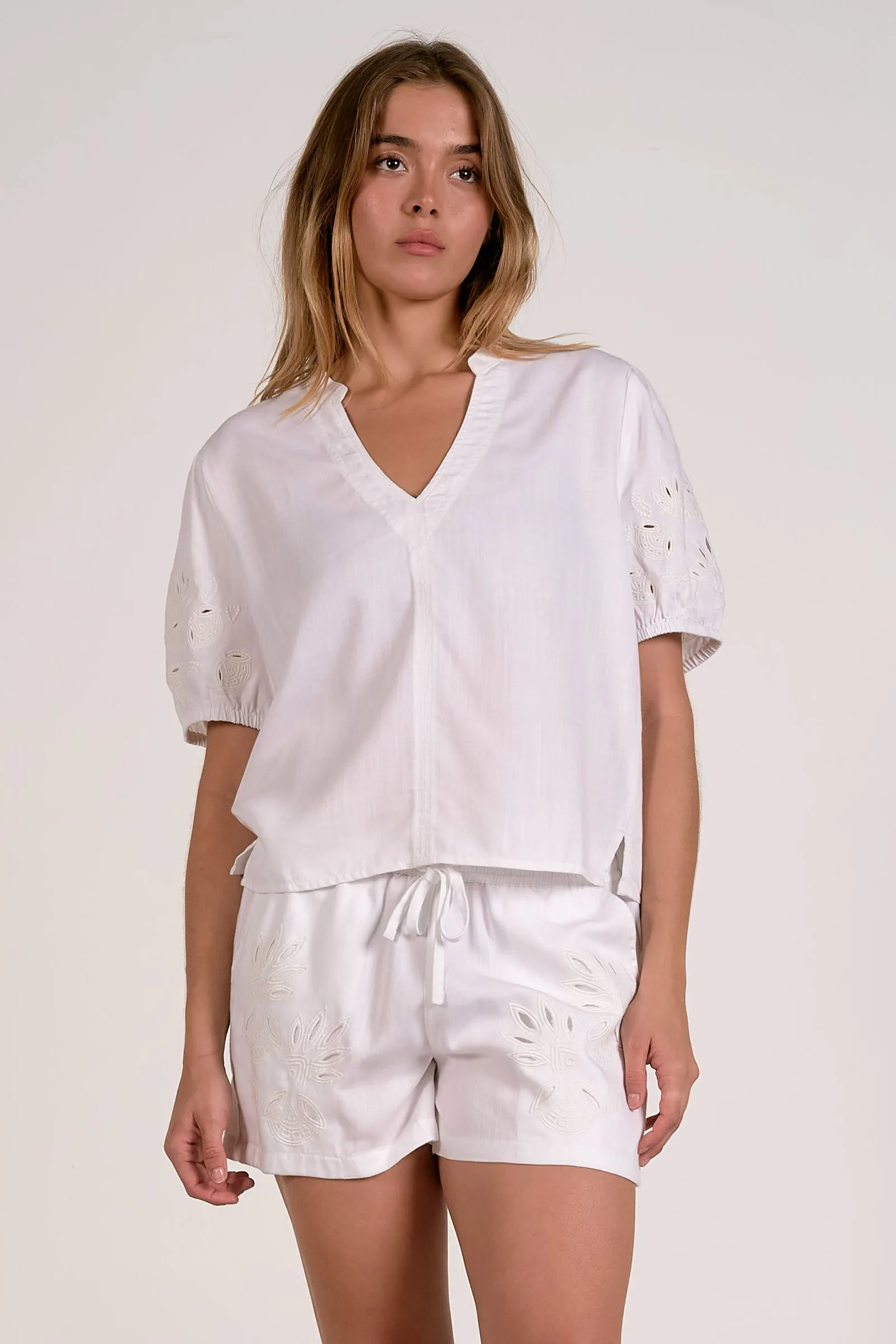 Split neck Top, White | Elan sold by North & Main Clothing Company