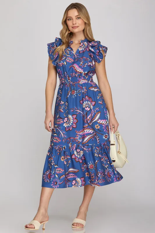 Liv Printed Midi Dress, Blue made by She and Sky