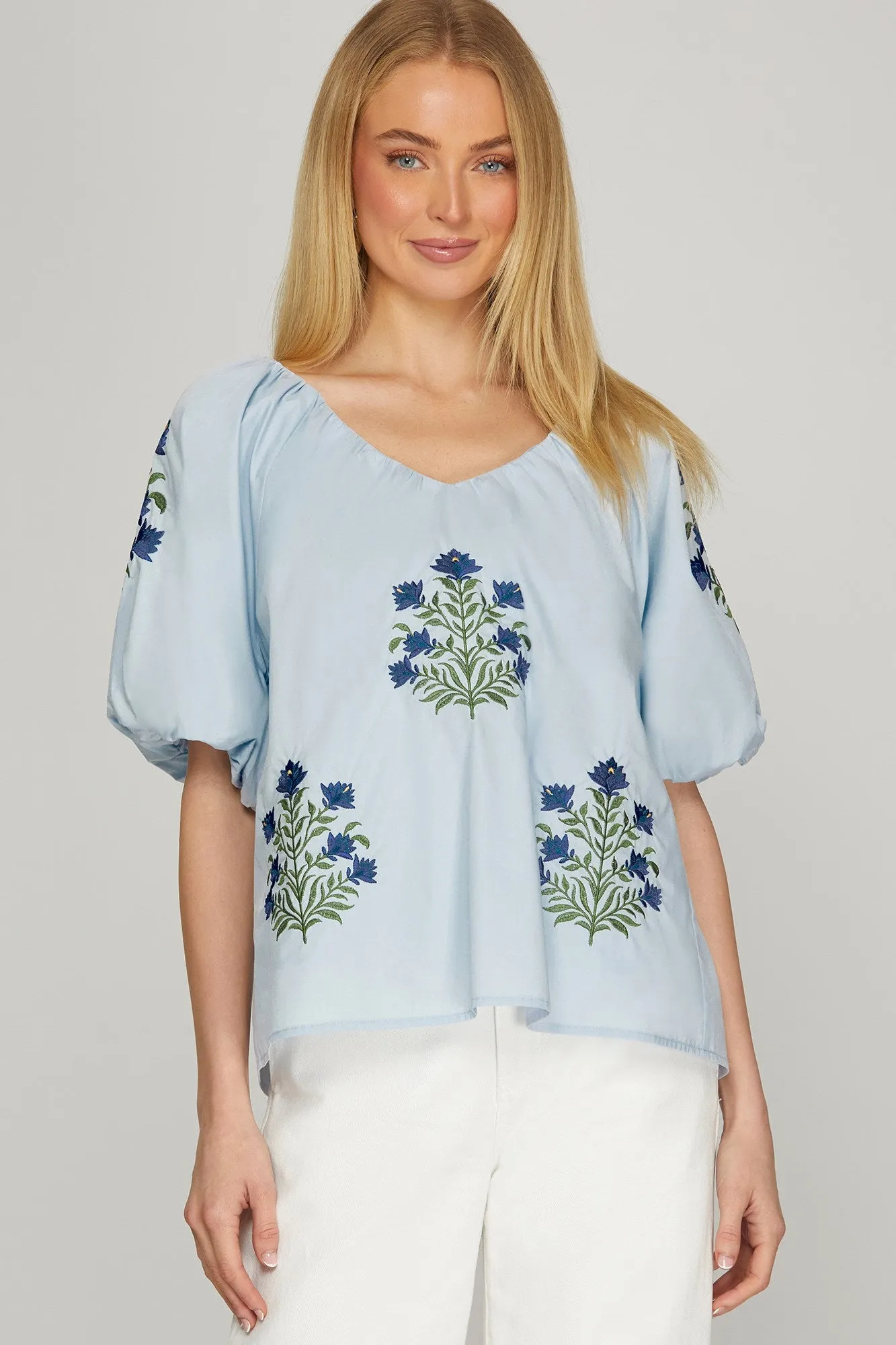 Sandy Embroidered Blouse, Light Blue sold by North & Main Clothing Company