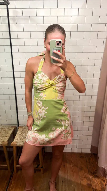 Annie Floral Halter Mini Dress, Green/Pink made by Flying Tomato