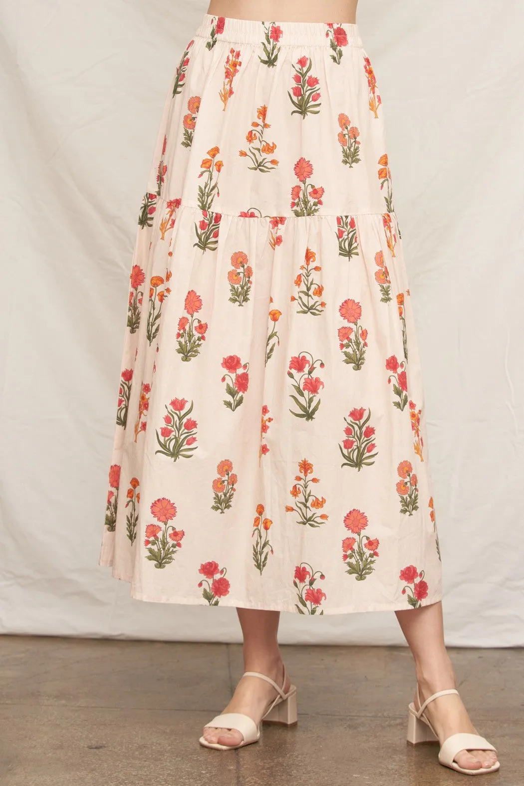 Floral Tiered Maxi Skirt, Ivory Multi sold by North & Main Clothing Company