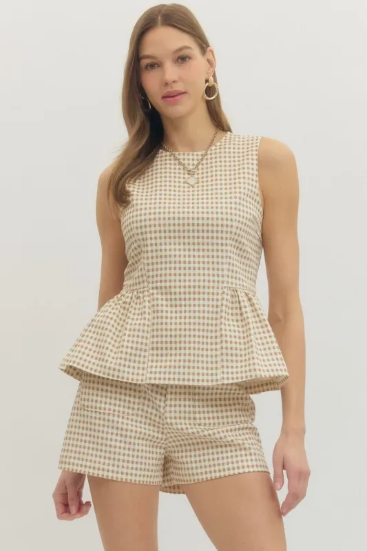Ariana Gingham Peplum Top, Tan made by entro