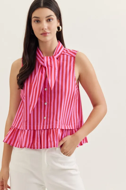 Lottie Tie Neck Striped Top, Red Pink made by entro