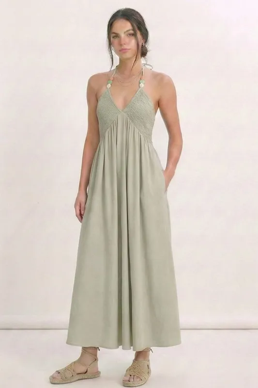 Madilynn Beaded Halter Maxi Dress, Dusty Sage made by ILLA ILLA