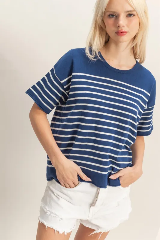 Precilla Striped Knit Top, Navy made by HYFVE