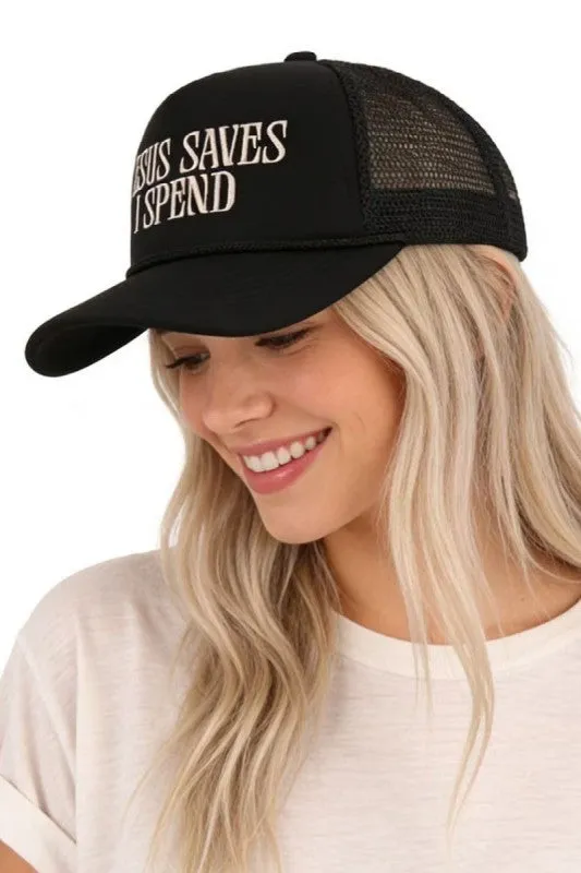 Jesus Saves I Spend Mesh Trucker Hat, Black sold by North & Main Clothing Company product image thumbnail 2